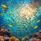 Colorful orange sea life fishes and plant at seabed background