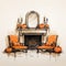 Colorful Orange Sofa And Pumpkins In Fireplace: Halloween Interior Design Sketch