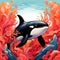 A colorful orca swims around the vibrant corals