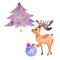 Colorful original set of Christmas tree with decor and deer