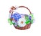 Colorful ornamental variety of flowers in the gift wood basket with hydrangea ,rose, chrysanthemum and bow ribbon natural patterns