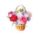 Colorful ornamental variety of flowers in the gift wood basket with roses , leaf and chrysanthemum natural patterns isolated on