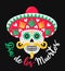 Colorful ornate skull in Mexican hat with moustache. Day of the Dead hand drawn lettering phrase inscription in spanish language.