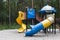 Colorful outdoor playground in the park. A safe modern playground.