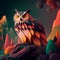 Colorful Owl Sitting on Tree Stump - Vibrant Digital Art