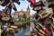 Colorful padlocks on the bridge of lovers. Old town of Gdansk, Poland