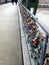 Colorful padlocks closed and hung on the steel bridge in Frankfurt city