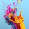 Colorful paint splashing isolated on blue background. Illustration beautiful multicolored water splashes in 1:1 aspect on