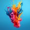 Colorful paint splashing isolated on blue background. Illustration beautiful multicolored water splashes in 1:1 aspect on