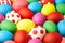 Colorful painted Easter eggs background. Christian holiday traditions. Traditional symbol. Ceremonial food