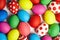 Colorful painted Easter eggs background. Christian holiday traditions. Traditional symbol. Ceremonial food. Top view