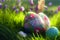 Colorful painted Easter eggs in green grass, bokeh background, Generative AI