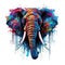 Colorful Painted Elephant Head in Dark Bronze and Azure Neonpunk Style Lith Print.