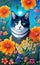 Colorful painting depicts a charming cat nestled among a vibrant array of blooming flowers, creating a whimsical and lively scene