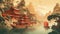 Colorful painting drawing in asian style in pastel colors. Landscape with pagoda, majestic mountains and serene lake. AI Generated