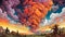 Colorful painting of a surreal landscape with big clouds, trees and sunlight. Poster art with gigantic clouds.