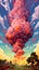 Colorful painting of a surreal landscape with big clouds, trees and sunlight. Poster art with gigantic clouds.