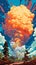 Colorful painting of a surreal landscape with big clouds, trees and sunlight. Poster art with gigantic clouds. Generative AI.