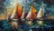 Colorful Palette Knife Brush Strokes Oil Painting of Group of Boats in Water Lake