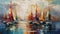 Colorful Palette Knife Brush Strokes Oil Painting of Group of Boats in Water Lake