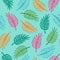 Colorful palm tree leaves seamless pattern on turquoise background. Great for wallpaper, backgrounds, invitations, packaging,