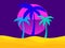 Colorful palm trees on retro sun pink background. Minimalistic desert landscape with palm trees in the style of the 80s. Design