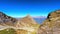 Colorful panorama of the mountain landscape is golden in autumn.