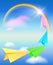 Colorful paper airplane and rainbow