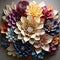 Colorful paper flower arrangement with dimensional multilayering on a gray background