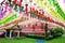 Colorful paper lanterns hanging for worship or respect of buddha in Thai temple