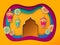 Colorful paper layered background decorated with hanging lanterns, flowers and mosque.