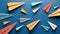 Colorful paper planes over blue background, 3d render