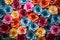Colorful paper roses background, top view, close up. Backdrop of colorful paper roses, AI Generated