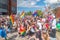 Colorful parade celebrating LGBT rights. Protesters walking with banners and flags