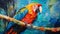 Colorful Parrot On Branch: Aggressive Quilting Style Painting