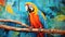 Colorful Parrot On Branch: A Vibrant Oil Painting In Synthetic Cubism Style