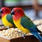 Colorful parrot perched on a mixed diet bird feeder