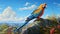 Colorful Parrot Perched On Tall Rock: Concept Art With Realistic Blue Skies