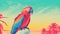 Colorful Parrot Standing Above Palm In Vintage Sci-fi Style