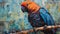 Colorful Parrot On Stick In Front Of Contemporary Quilt Tiles