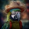 a colorful parrot wearing a straw hat and a straw hat on its head with feathers on it\\\'s head and a feathery tail