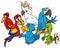 Colorful parrots group cartoon illustration
