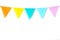 Colorful party flags hanging on white wall background, birthday