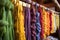 colorful pasta varieties hanging on a drying rack