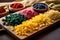 colorful pasta varieties on a wooden board