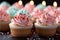 Colorful pastel birthday cupcakes on a pastel background. Generative Ai
