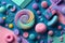A colorful pastel placticine background with a lot of different colored candy. Generated AI