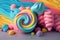 A colorful pastel placticine background with a lot of different colored candy. Generated AI