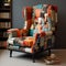 Colorful Patchwork Upholstered Chair In Front Of Bookcase