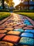 Colorful path made of bricks in the middle of a grassy field